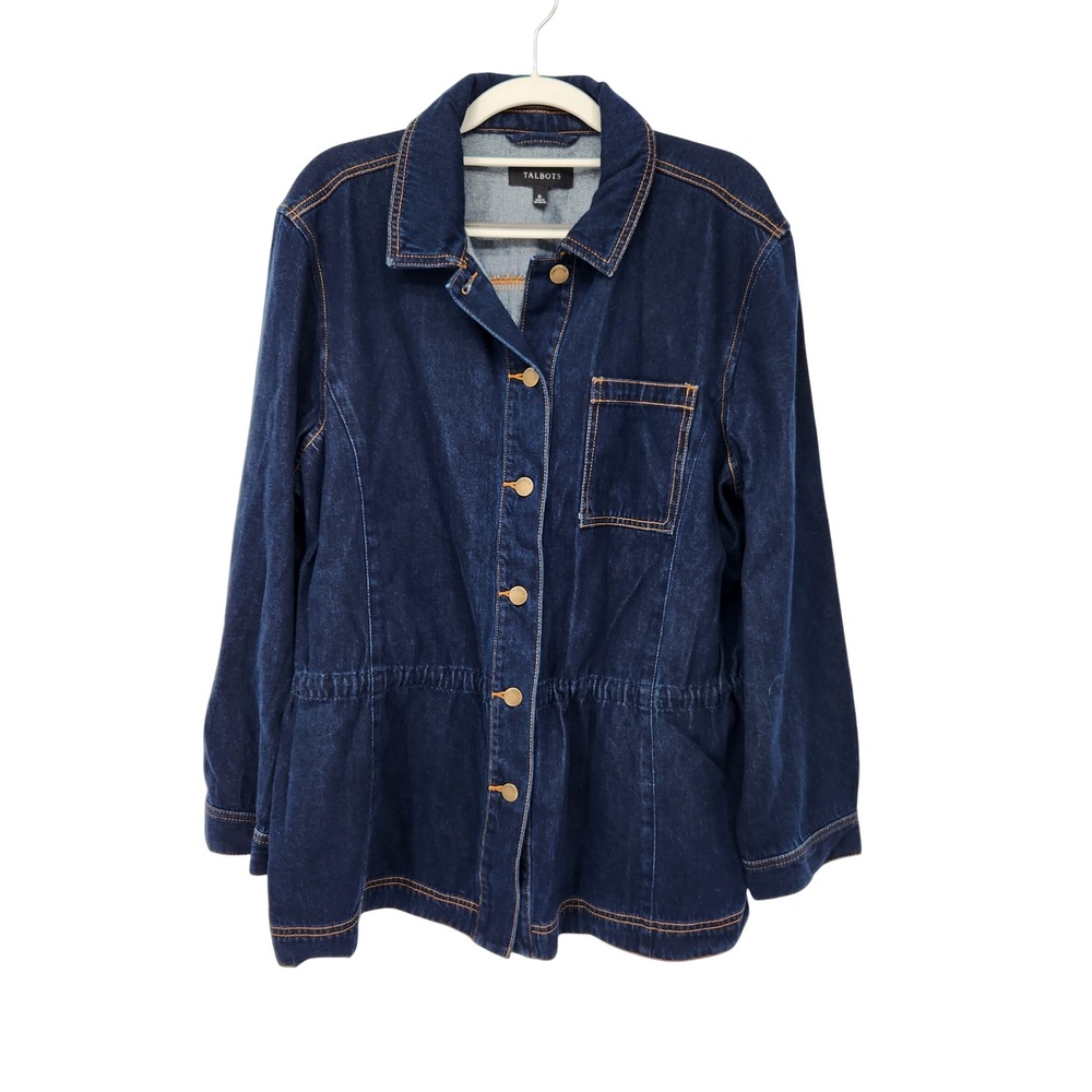Talbots Womens XL Dark Wash Denim Buttoned Jean Jacket Drawstring Waist Indigo